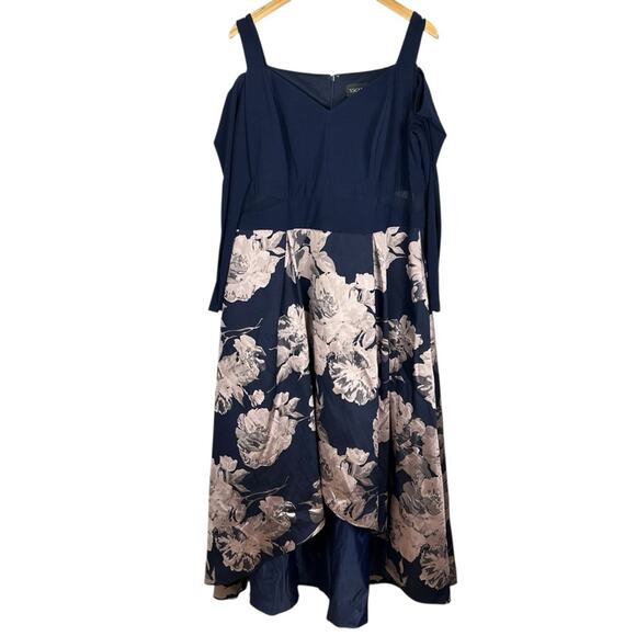 Xscape Navy Blue Brocade Floral High Low Formal Long Sleeve Midi Gown Size 18W - Picture 2 of 14